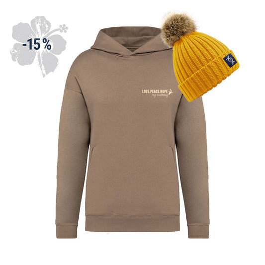 Hoodie Love Peace Hope und Bommel Beanie