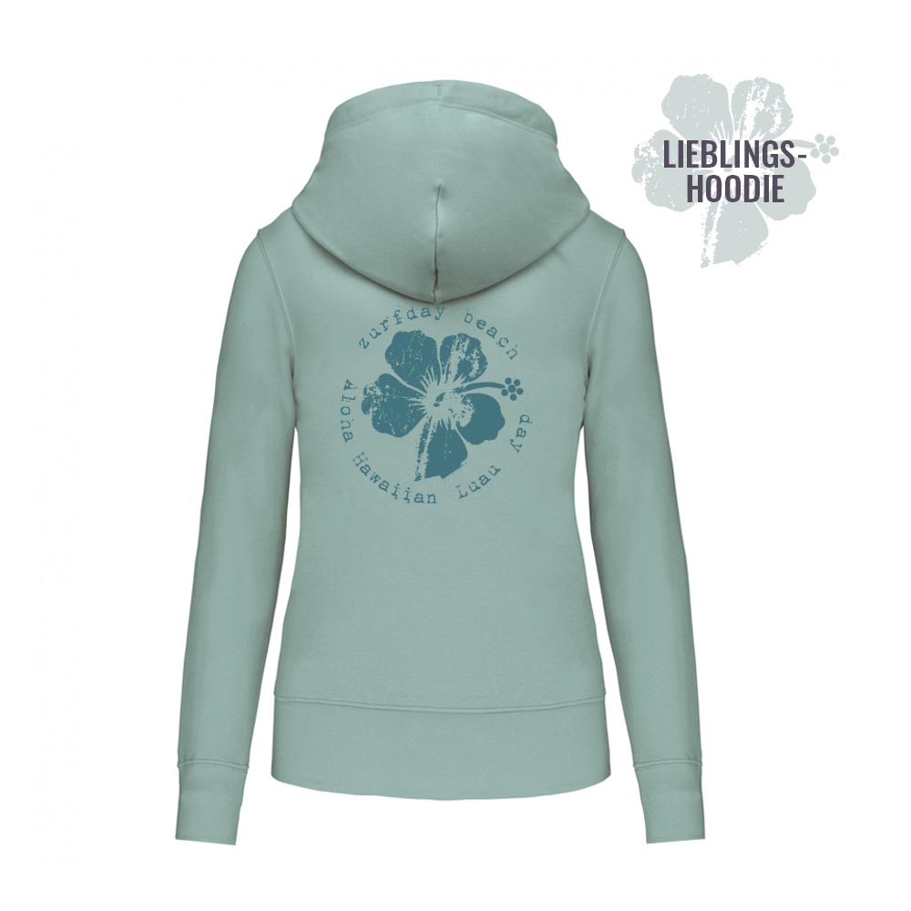 Zurfday Hoodie Hawaiian Luau mit Hibiskusblüte als Print in pastelligem Graugrün.