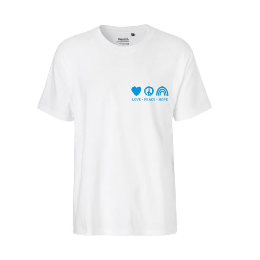 Weißes T-Shirt mit kleinem Statement-Print in blau.