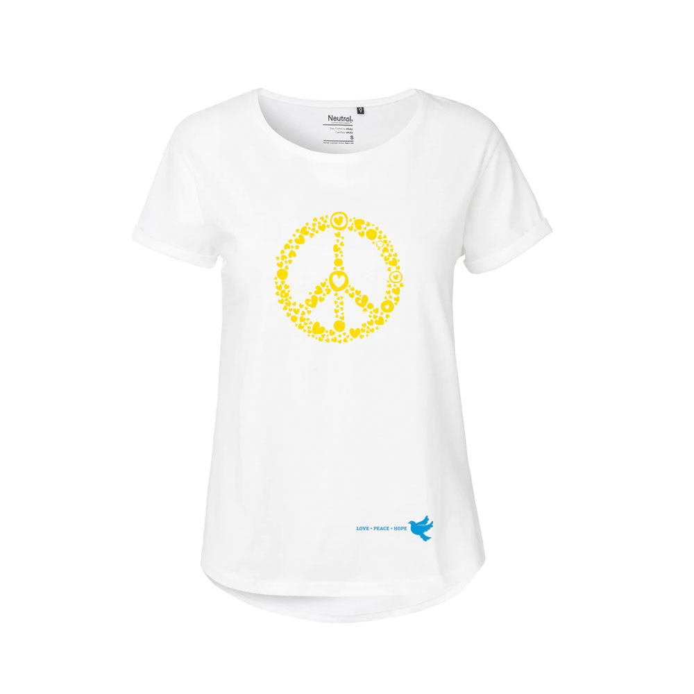Statement Shirt von Zurfday in weiß mit gelbe Peace-Zeichen.