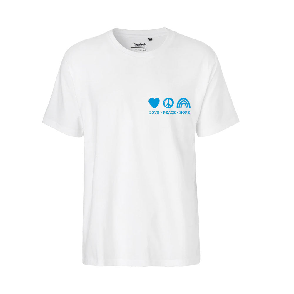 Weißes T-Shirt mit kleinem Statement-Print in blau.